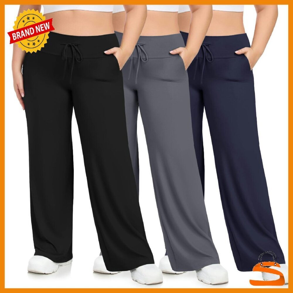 Plus Size Wide Leg Lounge Pants 3 Pack with Pockets for Yoga